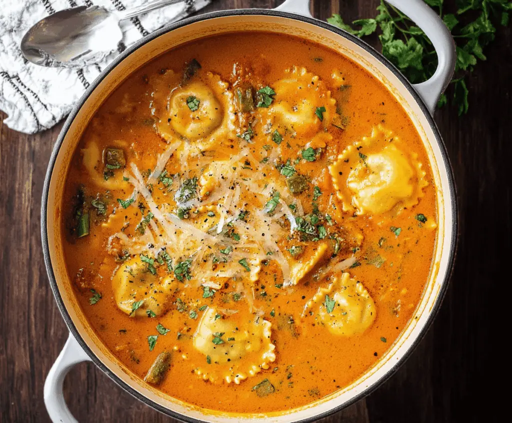 A bowl of simple and delicious ravioli soup in a pot, garnished with fresh herbs, showcasing a hearty one-pot meal.