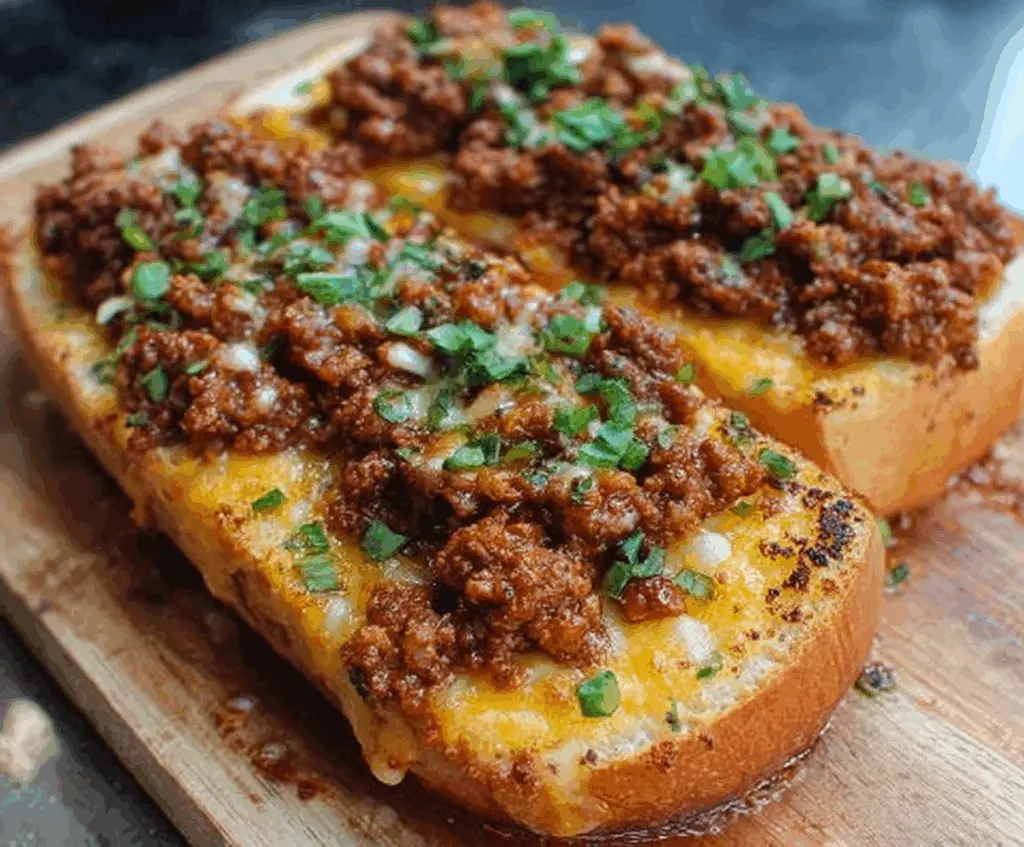 Delicious Sloppy Joe Garlic Bread with savory meat filling and toasted garlic bread slices.