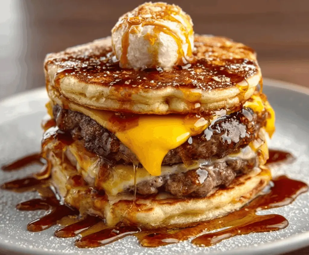 Delicious Smash Burger Pancakes with melted cheese and crispy toppings, a unique breakfast twist.