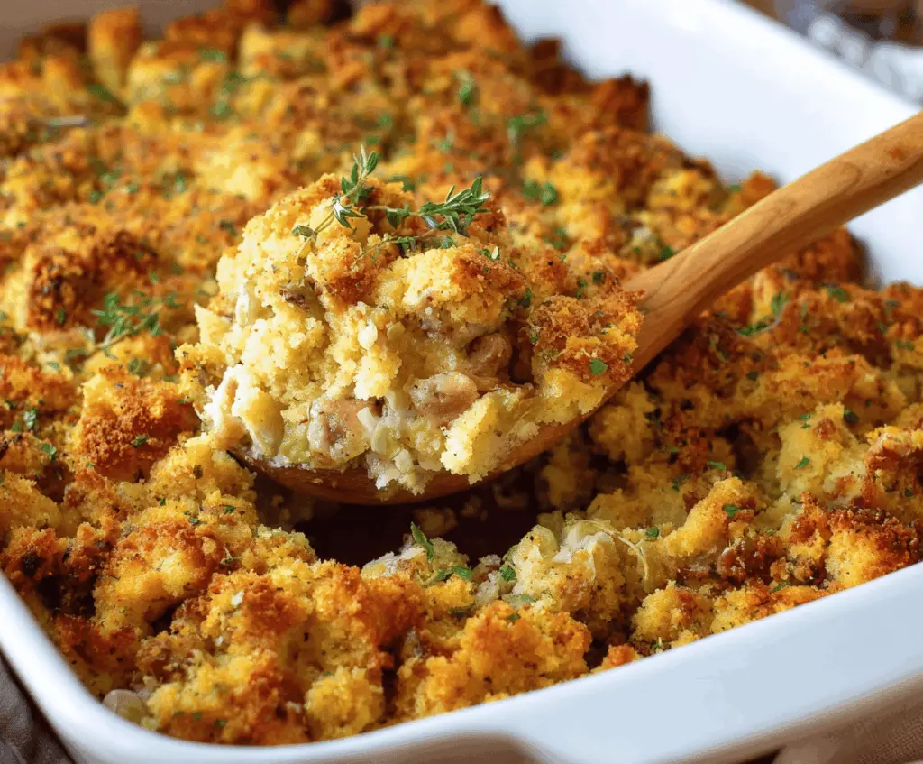 Delicious southern cornbread dressing with herbs and gravy, perfect for holiday dinners.