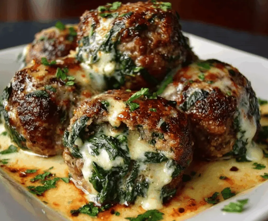 Delicious spinach and garlic meatballs stuffed with melted mozzarella cheese on a serving platter.