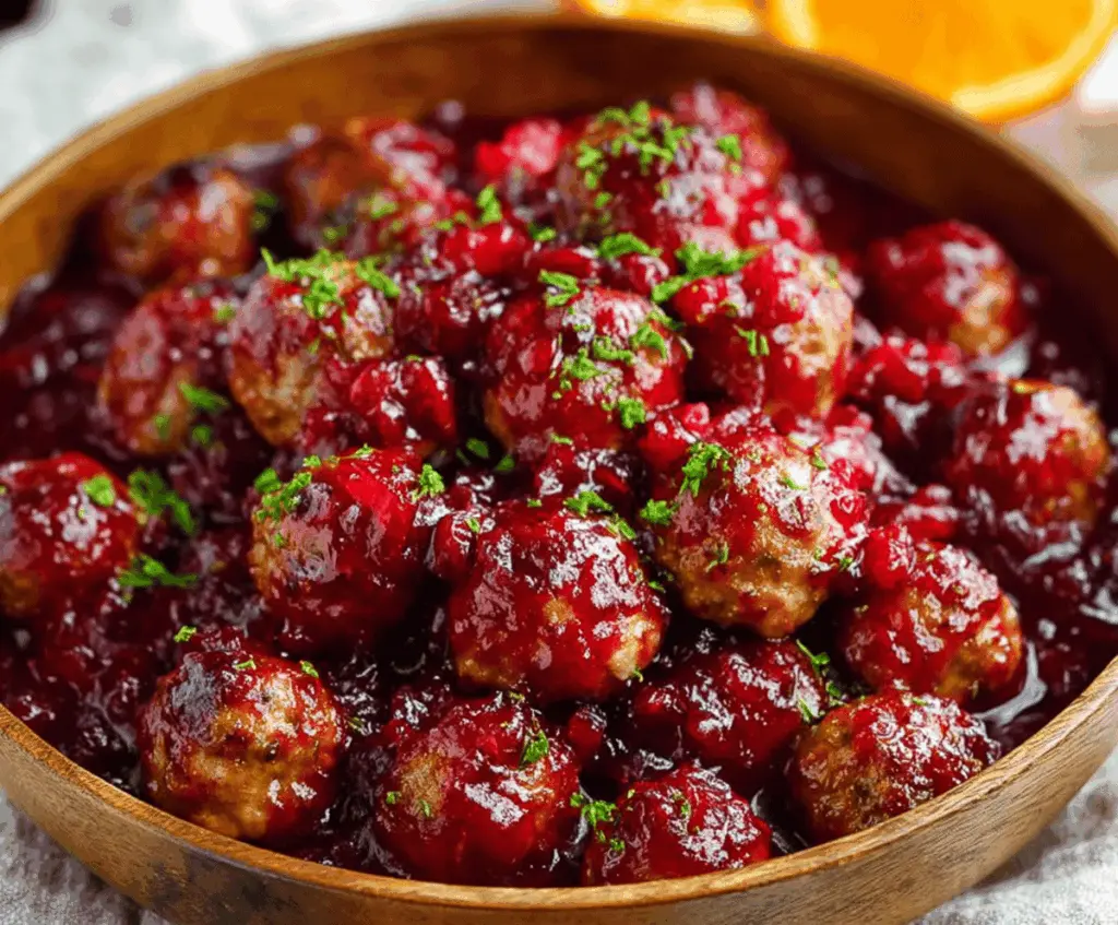 Delicious sweet and savory cranberry meatballs served on a plate, perfect for parties and gatherings.