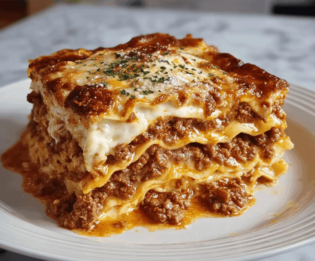 Delicious homemade lasagna with layers of rich sauce, cheese, and pasta in a baking dish.