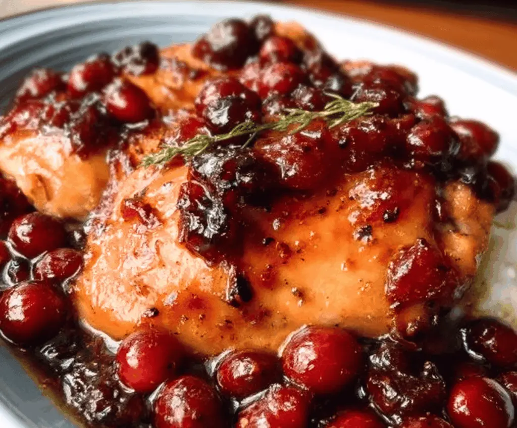 Delicious Slow Cooker Cranberry Chicken served with fresh cranberries and herbs.