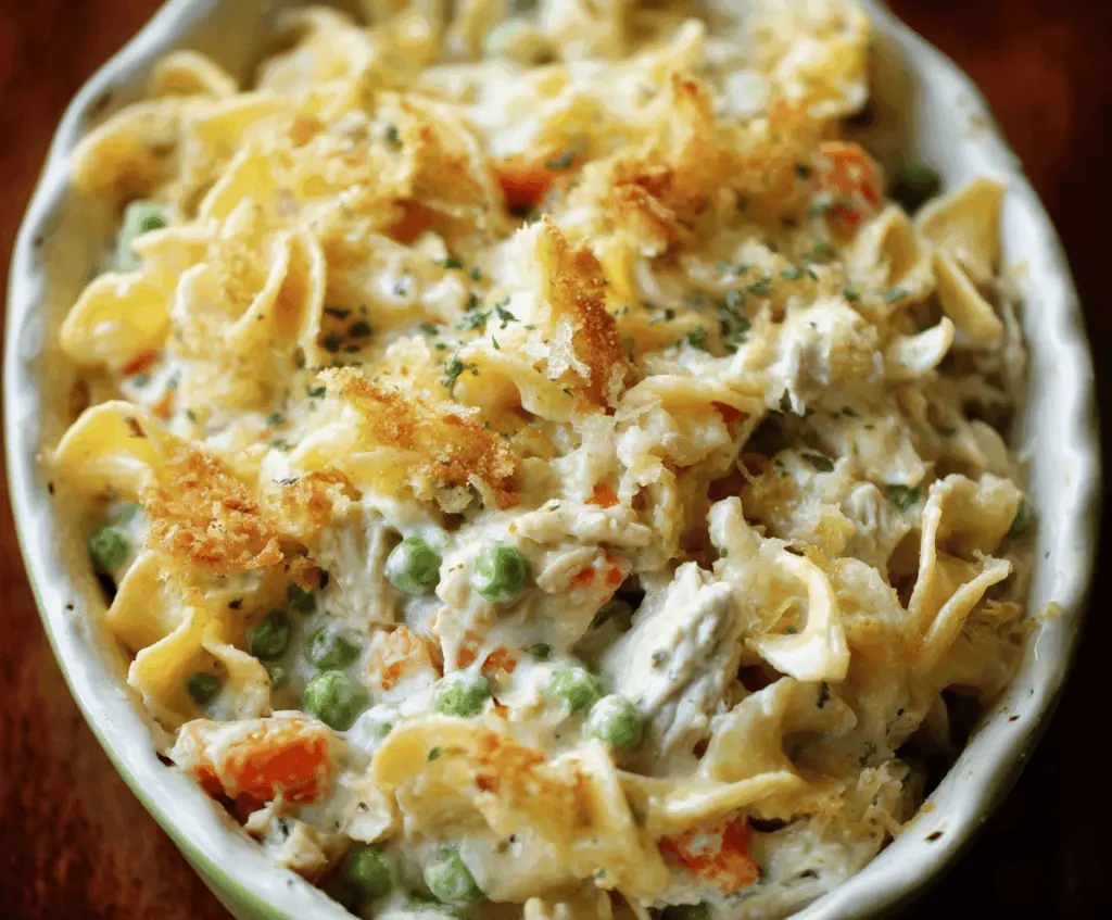 Delicious turkey noodle casserole with creamy sauce and melted cheese, served hot on a plate.