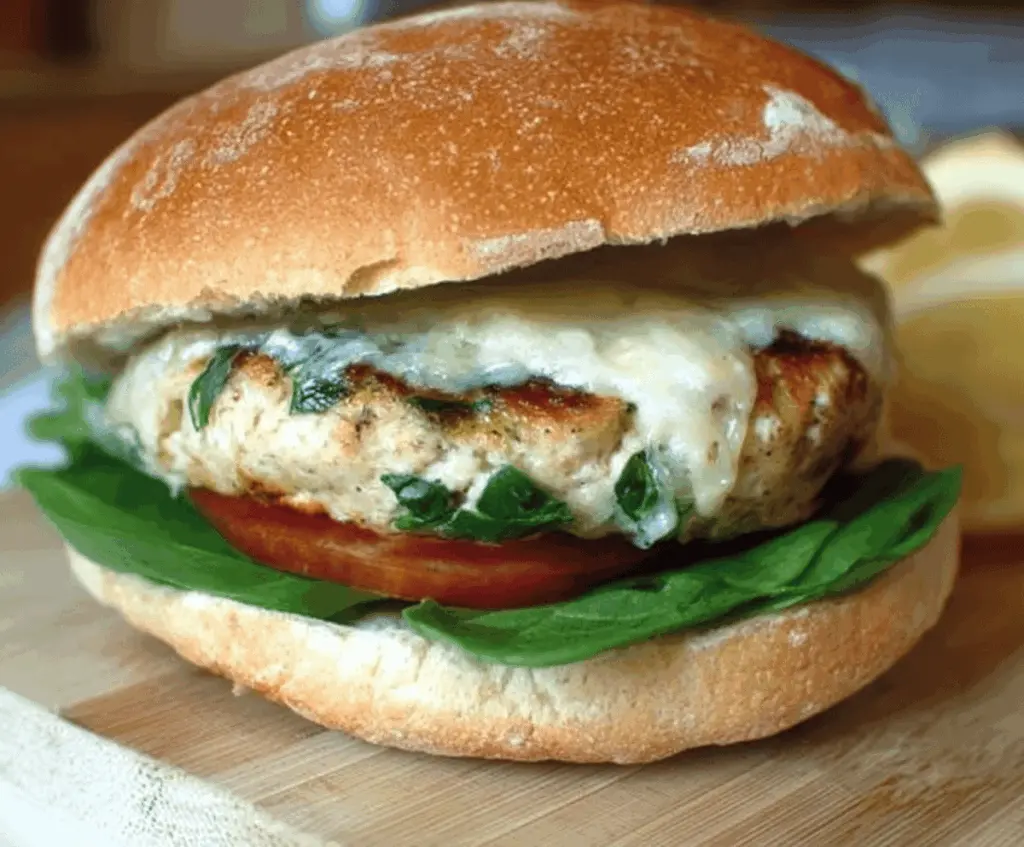 Homemade white cheddar and spinach chicken burgers served on a plate with fresh vegetables.