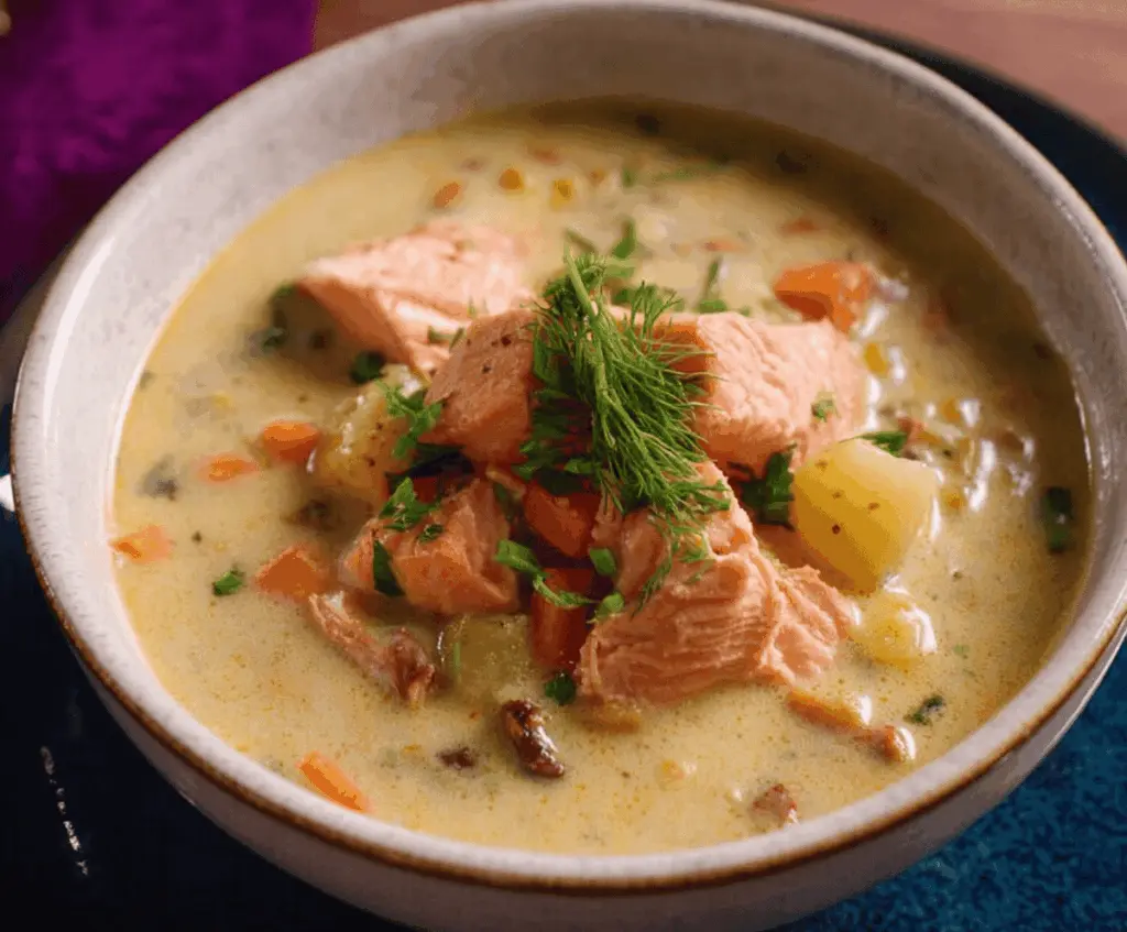 Hearty wild salmon chowder served in a bowl with fresh herbs and crusty bread.