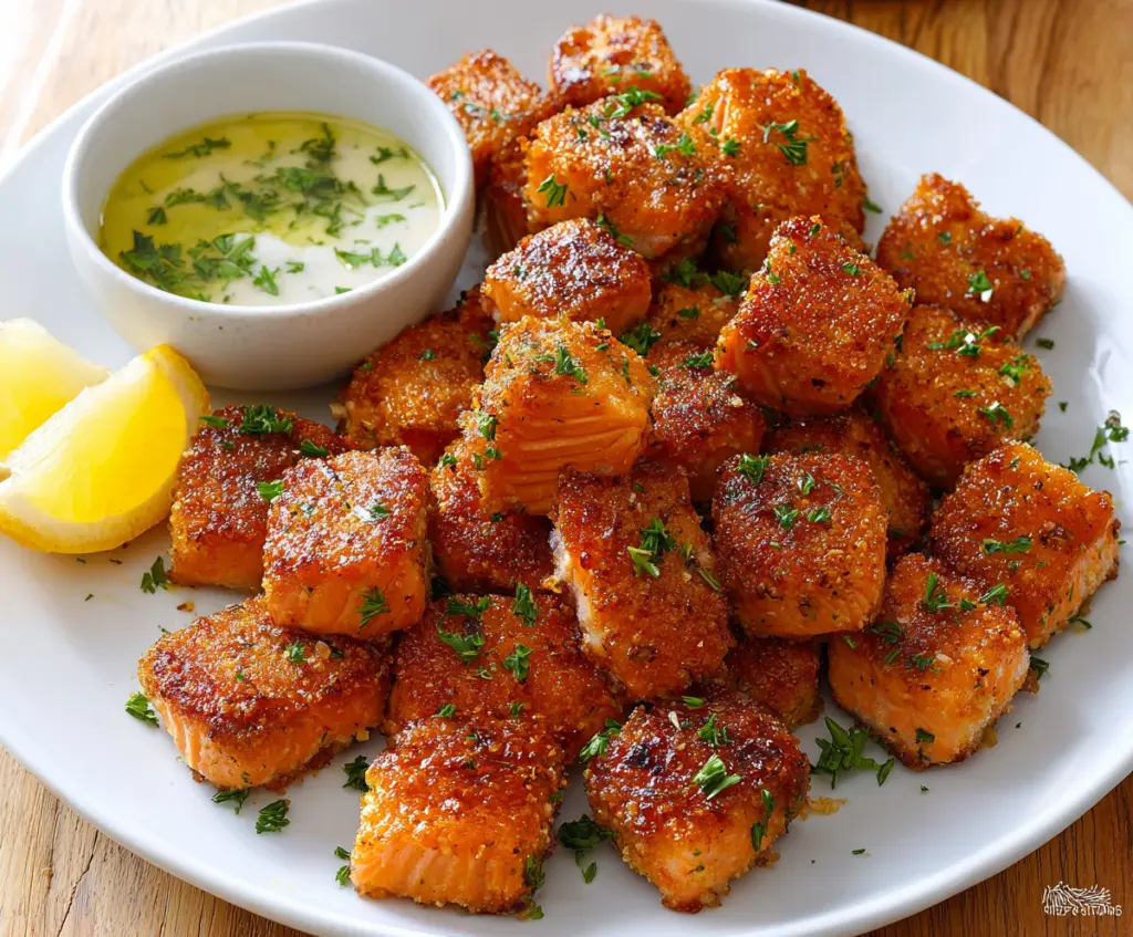 Golden crispy Air Fryer Salmon Bites served with lemon wedges and fresh herbs.