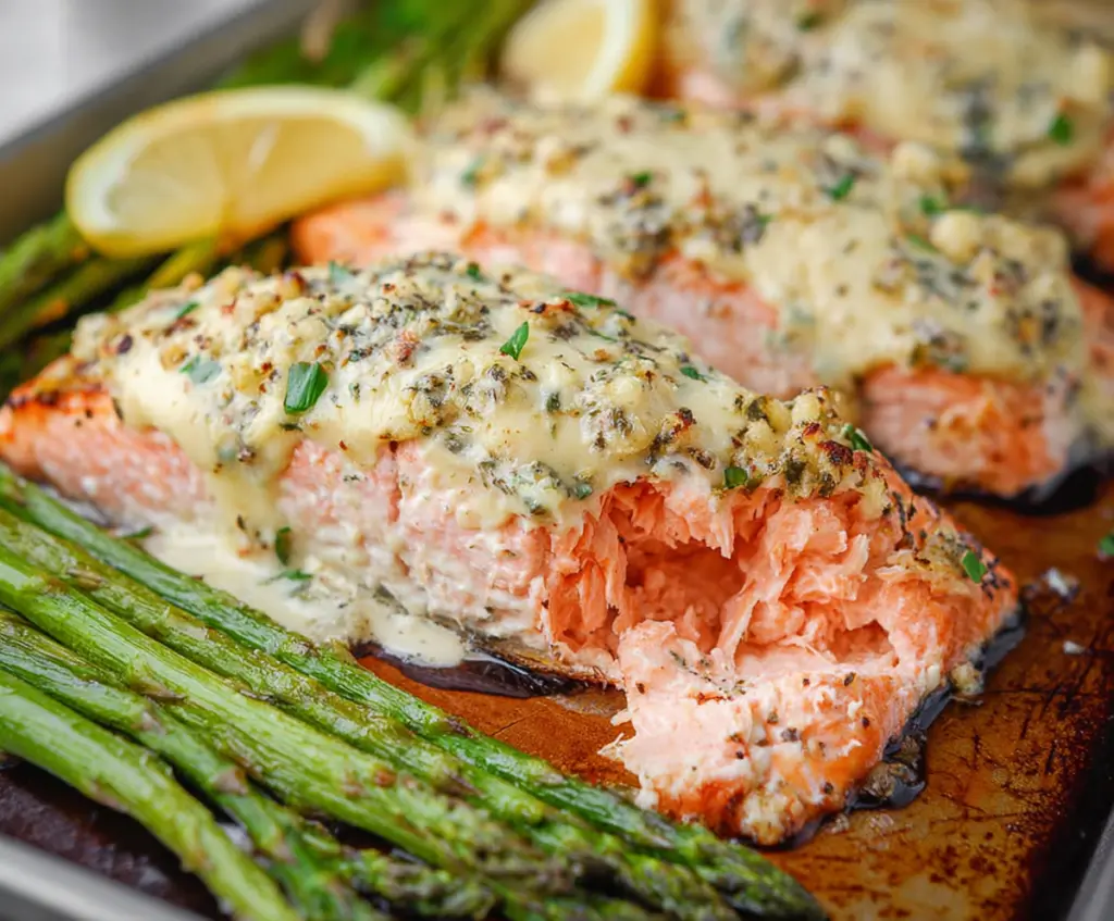Delicious baked Boursin salmon served with fresh herbs on a white plate.