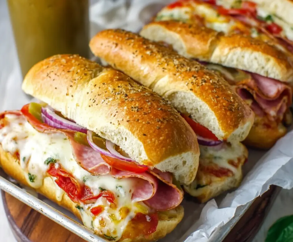 Delicious baked Italian sub sandwiches filled with melted cheese, Italian meats, and fresh herbs.