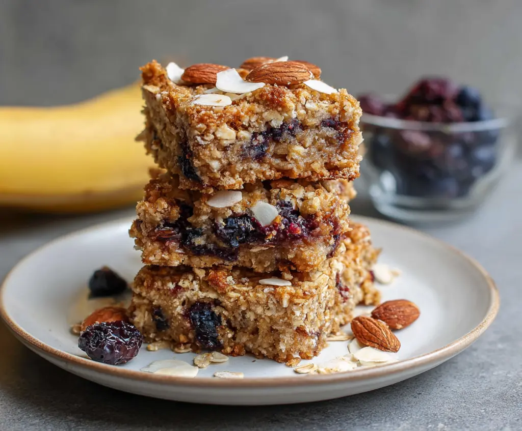 Healthy baked oatmeal bars with fresh berries and honey, perfect for breakfast or snack.