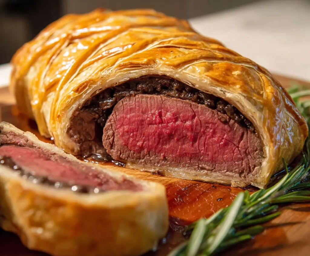 Juicy Beef Wellington wrapped in golden puff pastry with mushroom duxelles and prosciutto on a rustic wooden board.