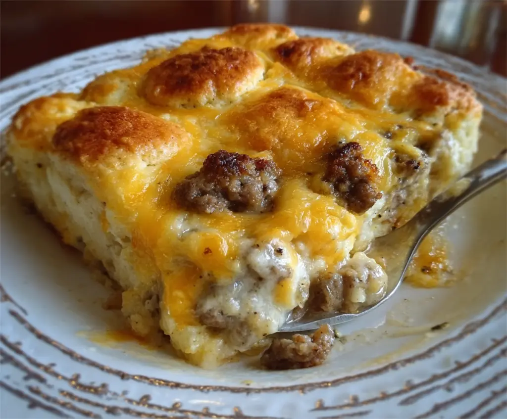 Delicious Biscuits and Gravy Breakfast Casserole served in a baking dish with golden biscuits and creamy gravy.