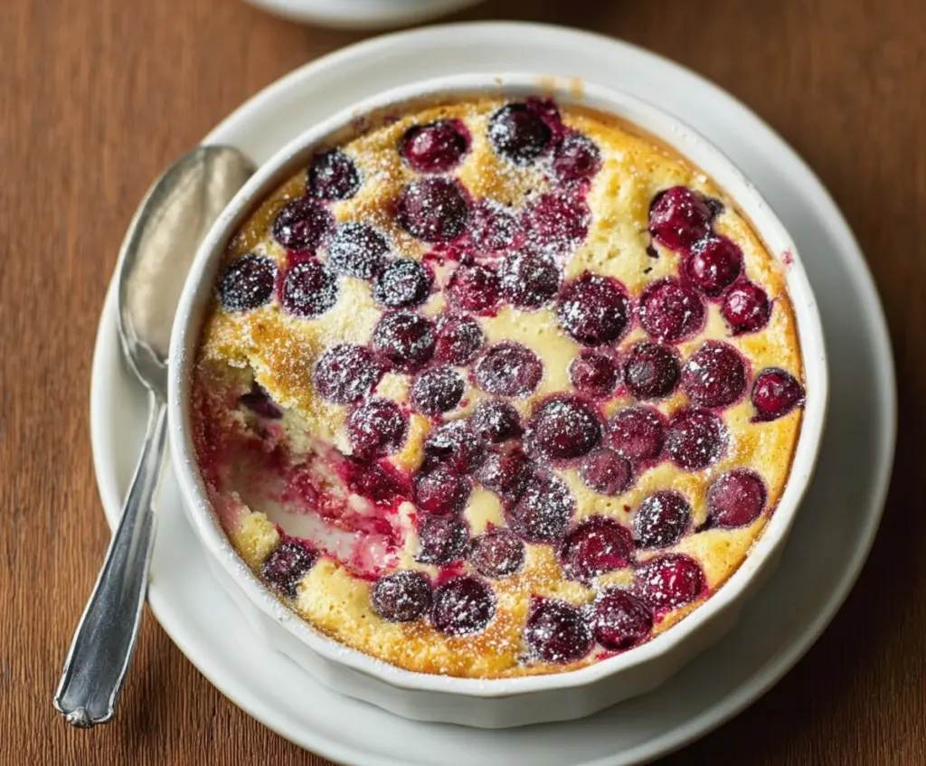 Delicious Blueberry-Ginger Clafoutis served on a plate, garnished with fresh blueberries and a dusting of powdered sugar.