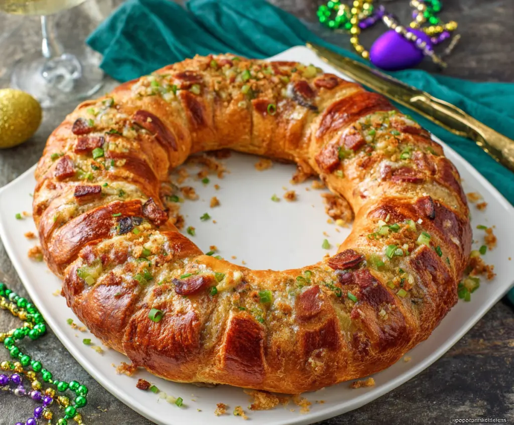 Delicious Boudin King Cake with colorful icing and festive decorations for celebrations
