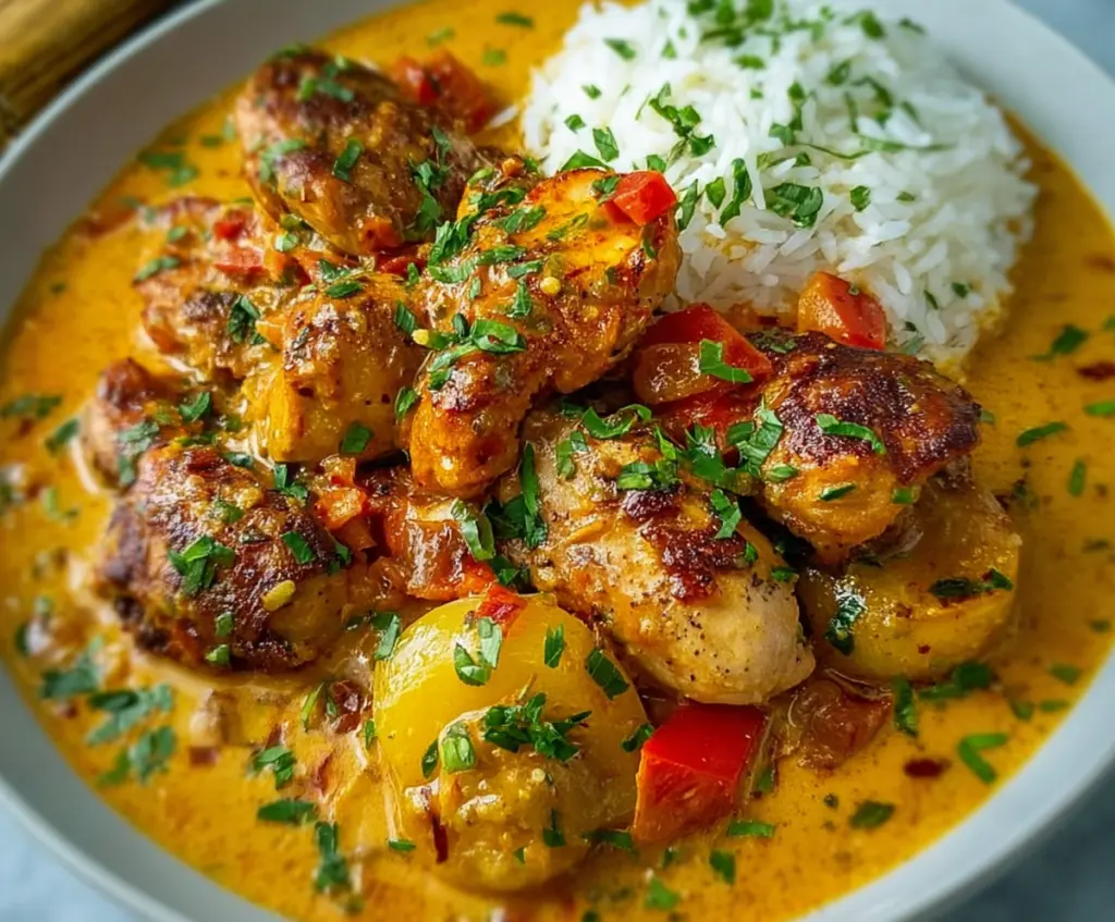 Delicious Brazilian Coconut Chicken served on a plate with vibrant vegetables