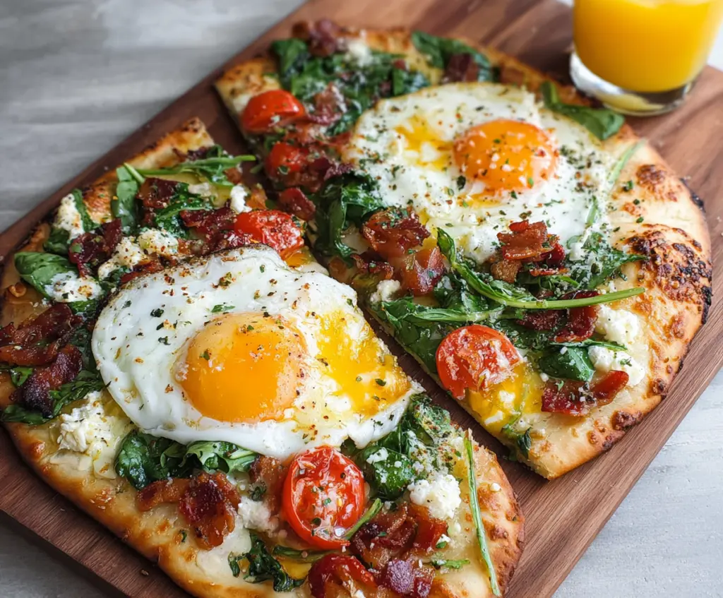 Delicious breakfast flatbread topped with eggs, cheese, and fresh vegetables ready to serve.