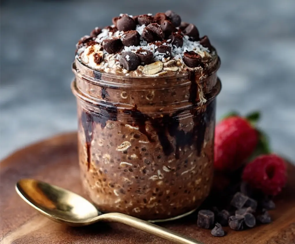 Creamy brownie batter overnight oats in a glass jar topped with chocolate shavings for a delicious breakfast.