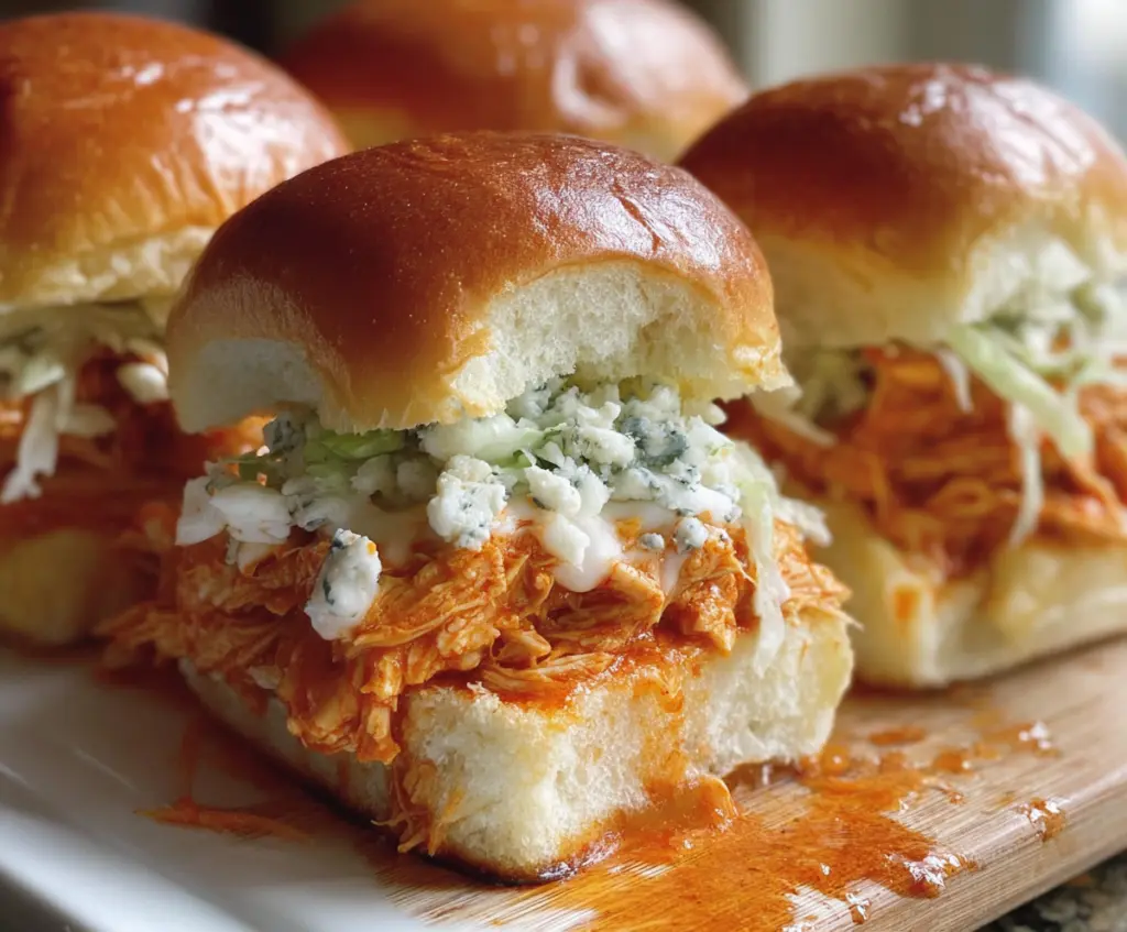 Delicious Buffalo Chicken Sliders topped with creamy dressing and chopped celery on a white plate.