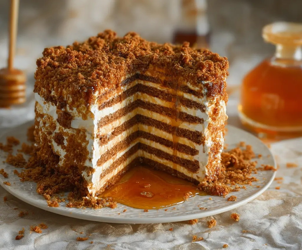 Delicious Burnt Honey Medovik layered honey cake with creamy frosting and caramelized honey topping.