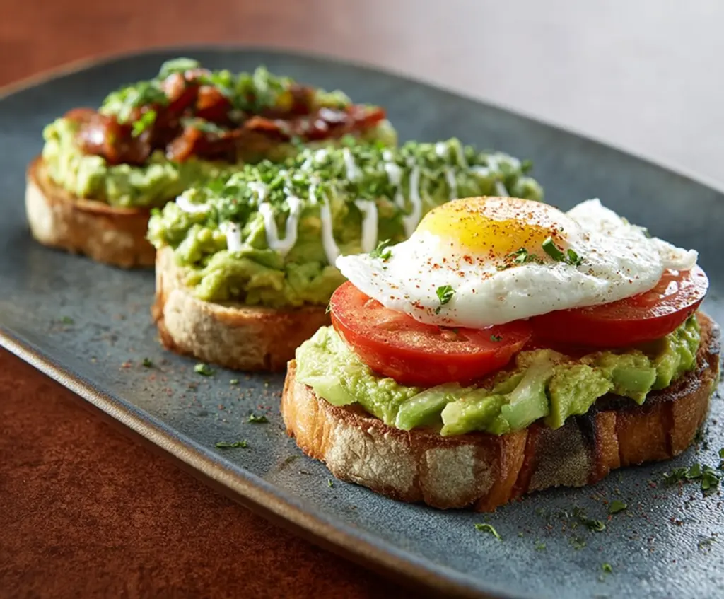 Creamy California avocado toast topped with cherry tomatoes and microgreens on toasted bread.