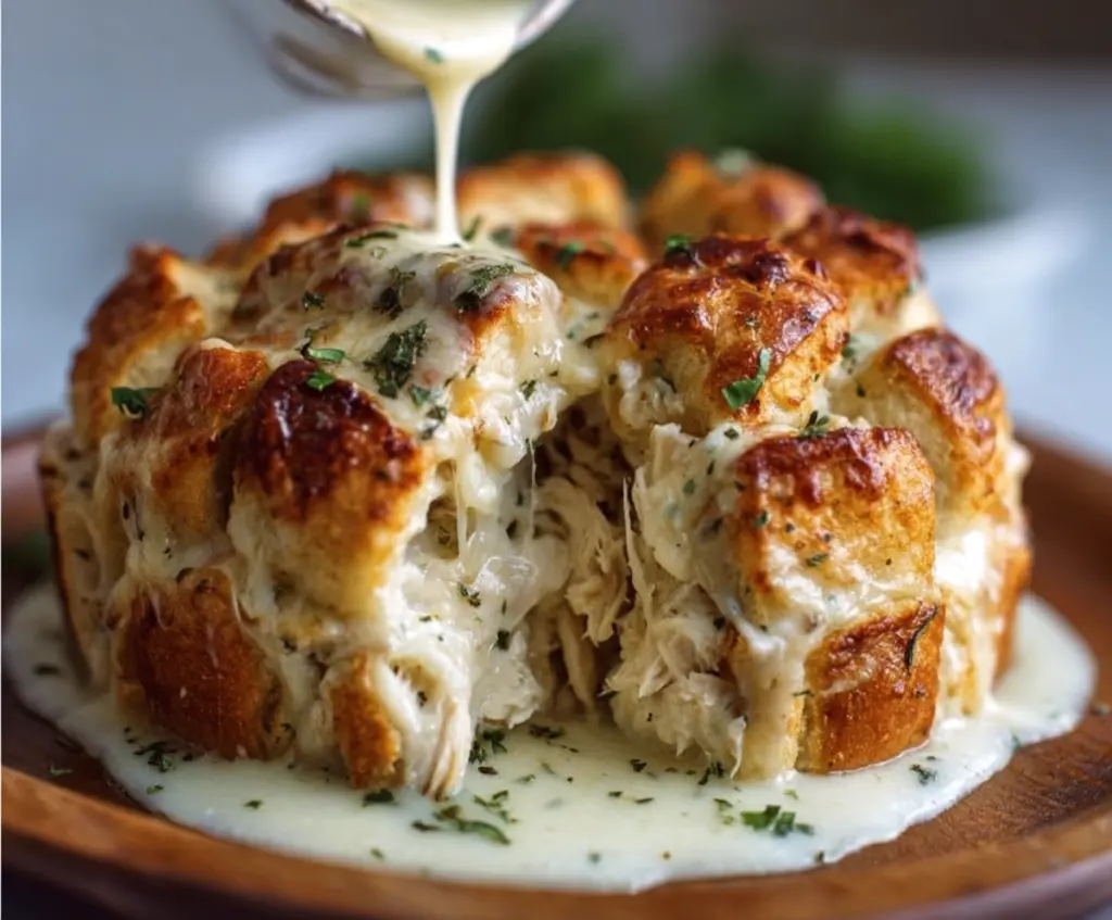 Delicious Chicken Alfredo Monkey Bread served hot with melted cheese and tender chicken pieces.