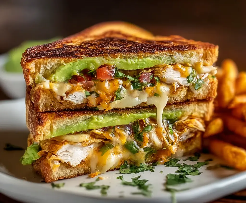 Delicious Chicken Avocado Melt Sandwich with melted cheese and fresh ingredients on toasted bread.