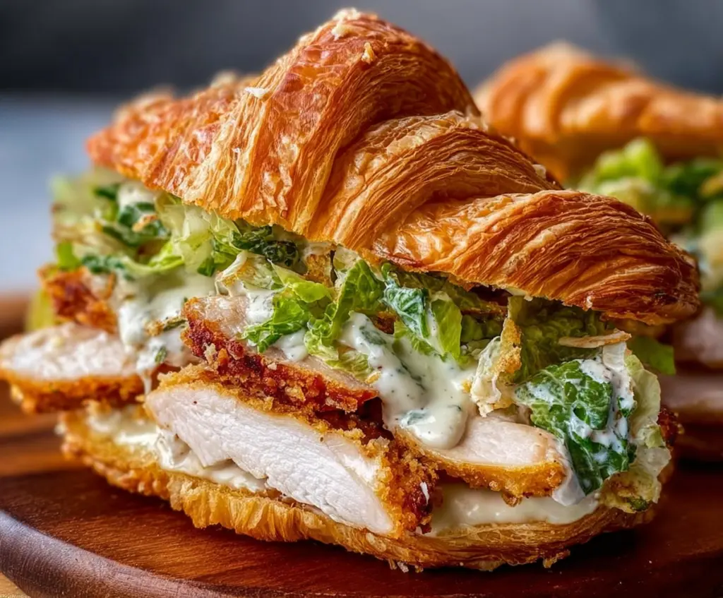 Delicious Chicken Caesar Croissant Sandwich with crispy croissant, grilled chicken, fresh lettuce, and Caesar dressing