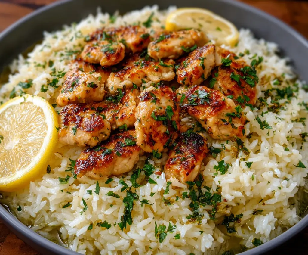 Delicious Chicken Scampi served with flavorful garlic Parmesan rice on a plate.