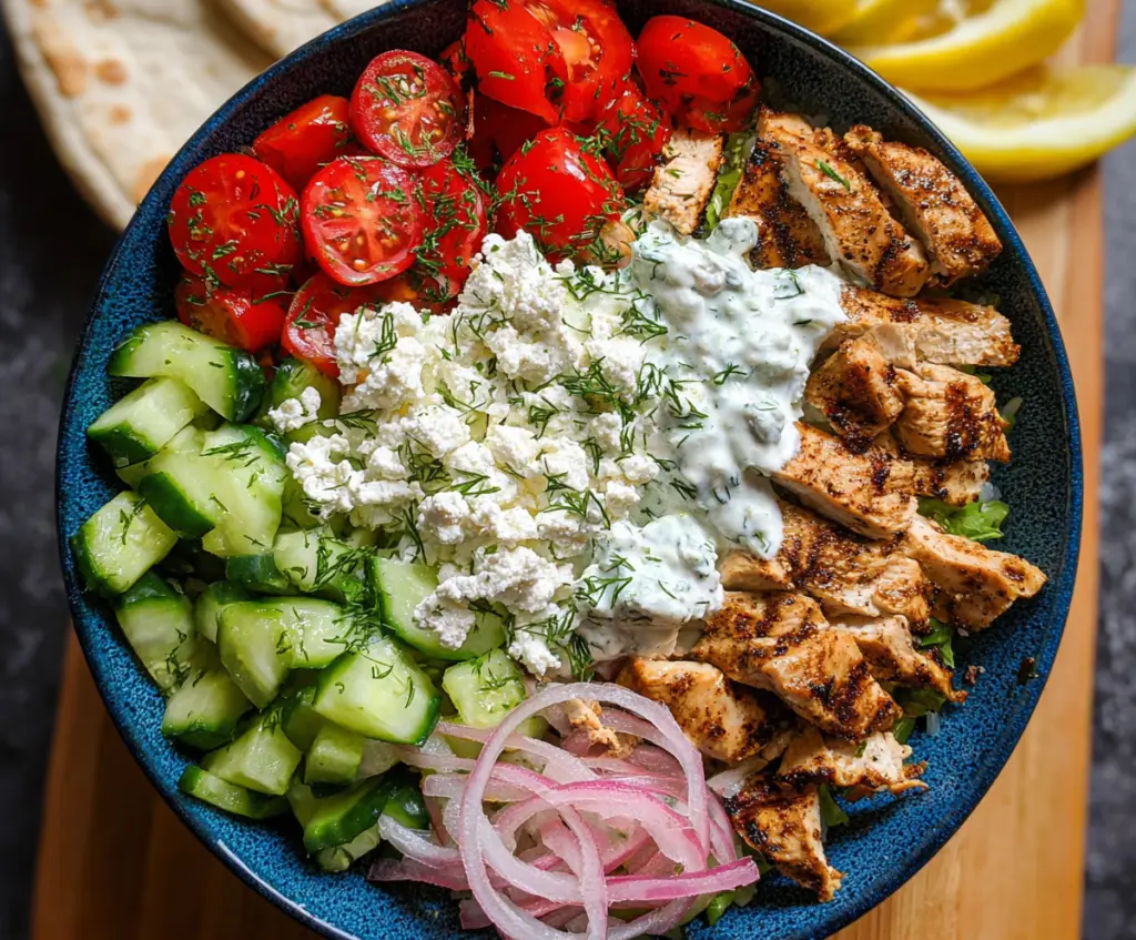Delicious Chicken Tzatziki Bowl with fresh vegetables and creamy sauce on a white plate
