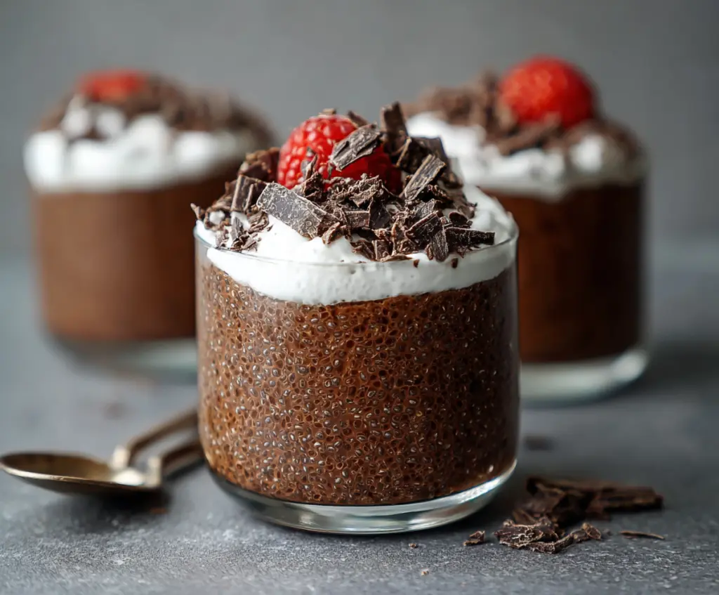 Creamy chocolate chia pudding in a glass bowl, topped with fresh berries and a sprig of mint.