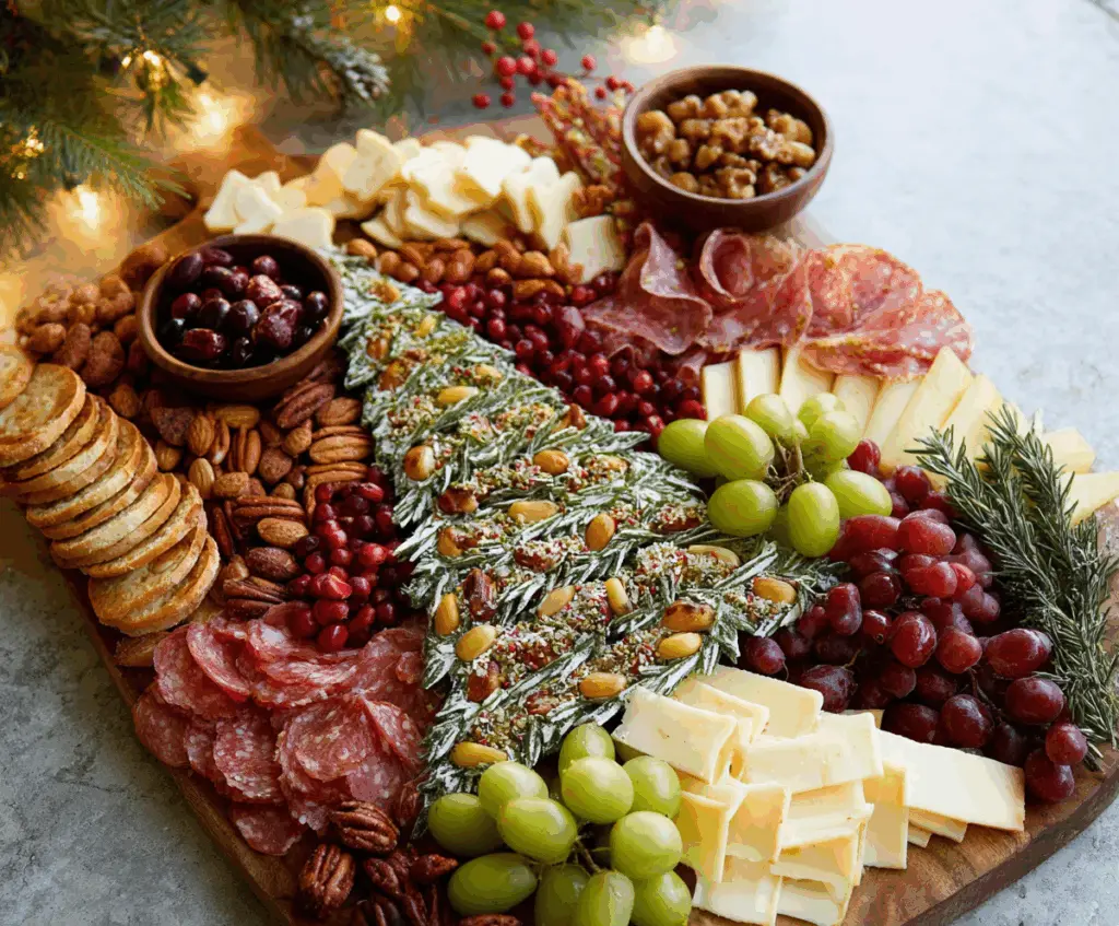 Festive Christmas charcuterie board with cheeses, meats, fruits, and holiday decorations for a holiday appetizer platter.