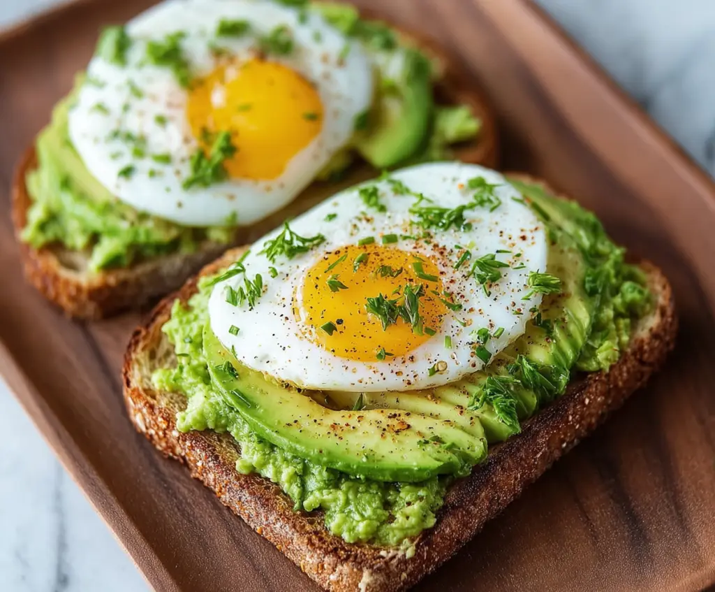 Slice of classic avocado toast with mashed avocado spread on whole grain bread, garnished with cherry tomatoes and herbs.