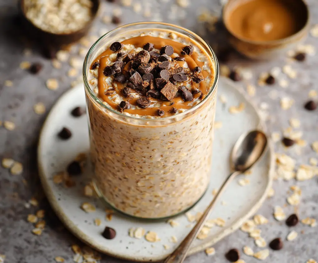 Delicious Cookie Dough Overnight Oats in a glass jar topped with chocolate chips and a sprinkle of cookie dough bits.