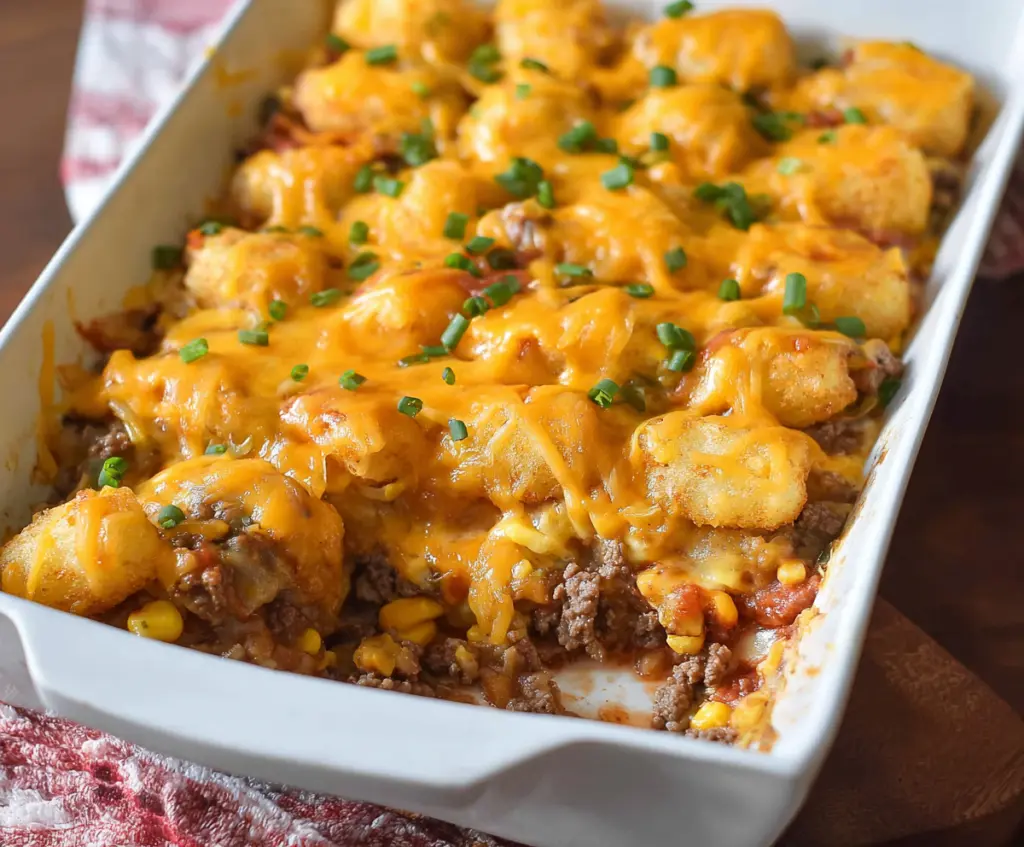 Delicious Cowboy Casserole baked dish with beef, cheese, and vegetables in a casserole pan.