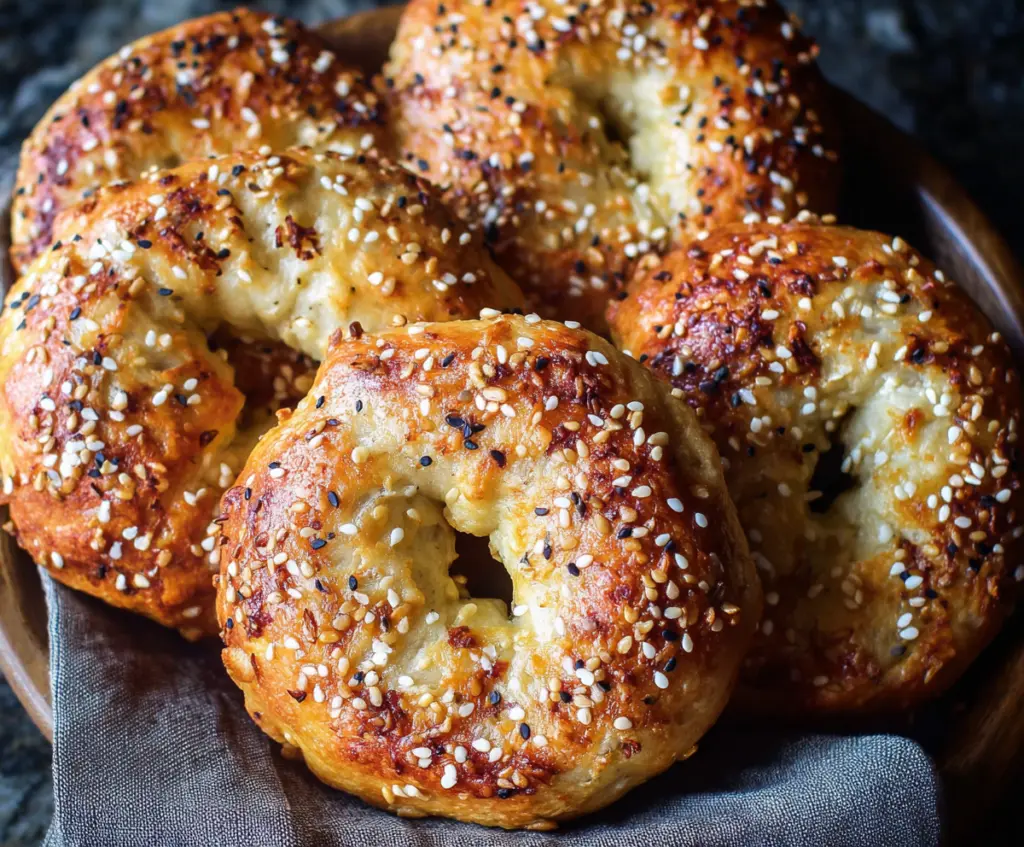 Cozy fluffy Greek yogurt bagels on a rustic wooden board with sesame seeds.