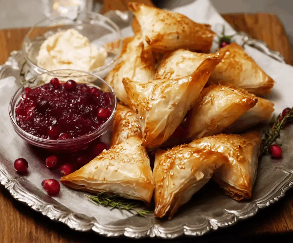 Cranberry and Brie Filo Pastries arranged on a serving plate, showcasing golden flaky layers with vibrant cranberry filling and creamy Brie cheese.