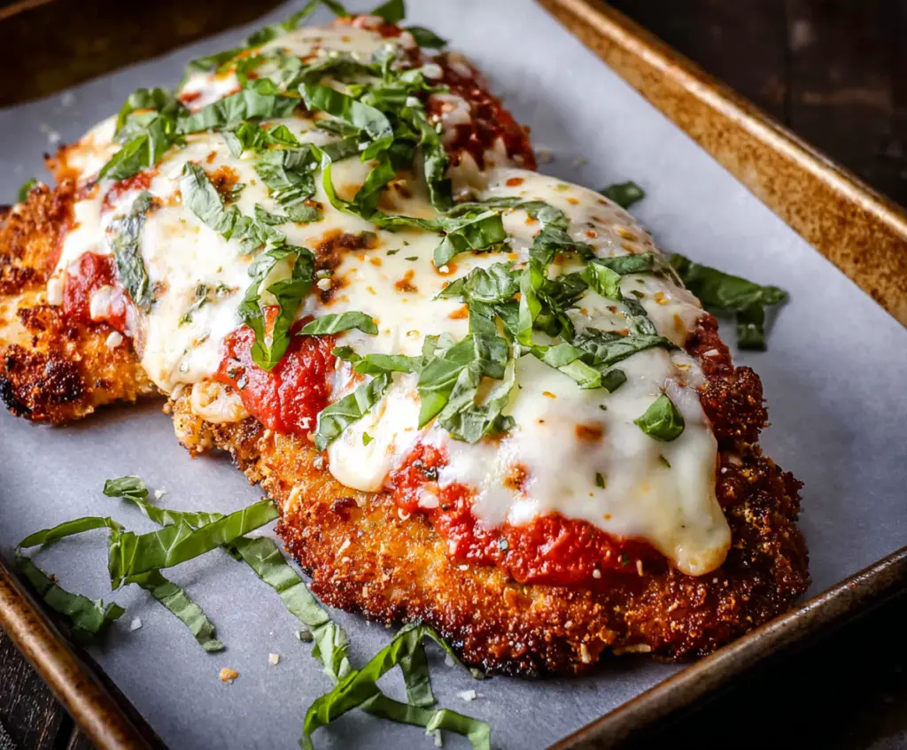 Golden crispy chicken parmigiana with melted cheese and marinara sauce on a rustic plate.