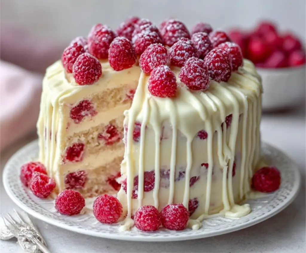 A slice of decadent white chocolate raspberry dream cake garnished with fresh raspberries and white chocolate shavings.