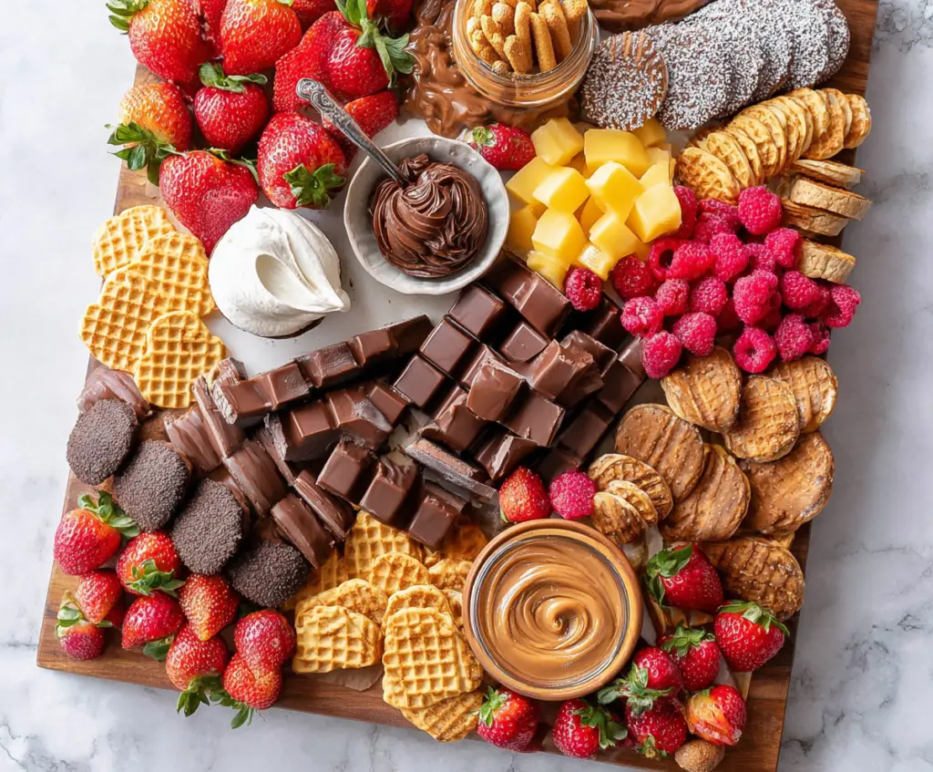 Colorful dessert charcuterie board with chocolates, fruits, and sweet treats for a visually appealing dessert display.