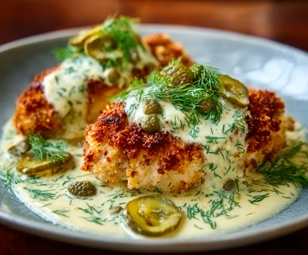 Delicious Dill Pickle Parmesan Chicken served with fresh herbs and crispy crust