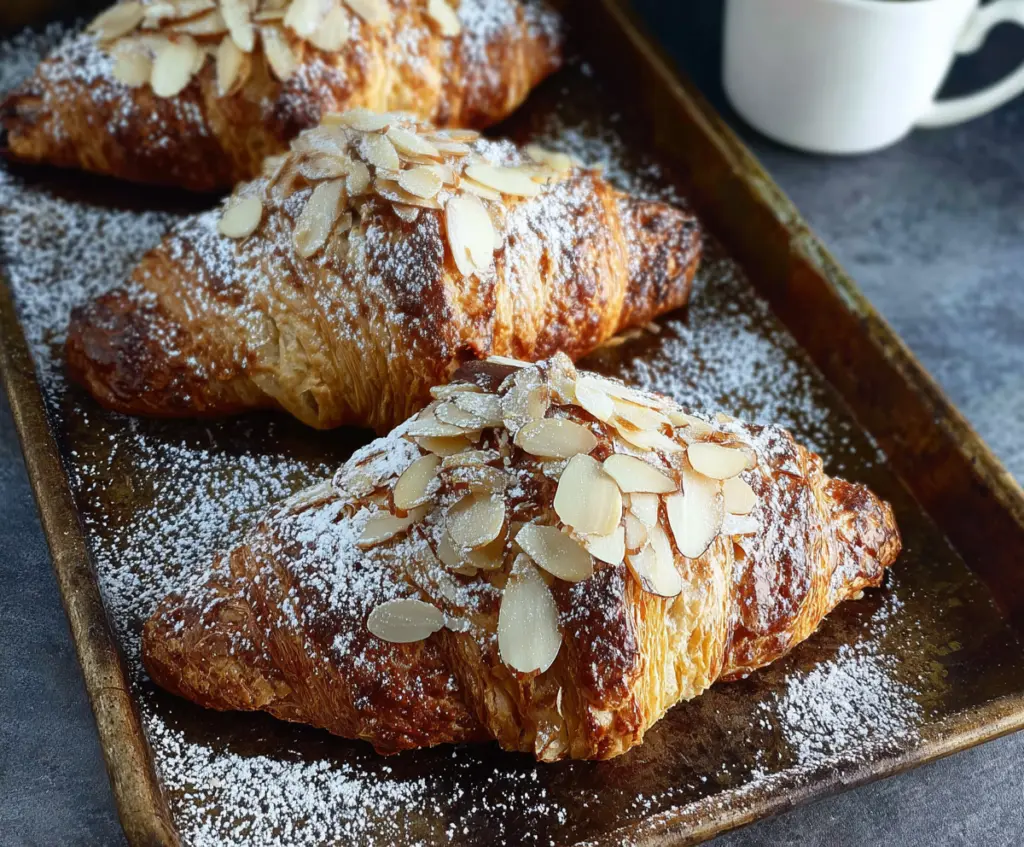 Delicious homemade almond croissants with crispy golden exteriors and almond filling.