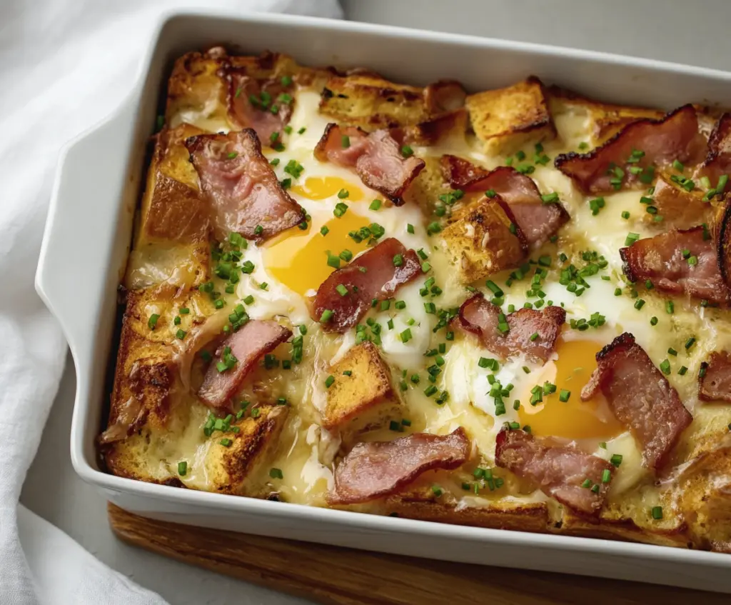 Delicious Eggs Benedict casserole served for breakfast with hollandaise sauce and fresh herbs