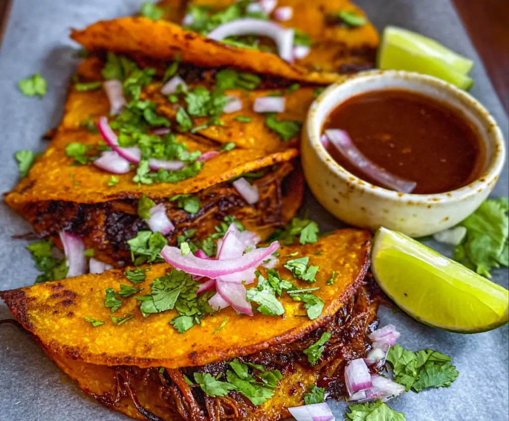 Delicious Fave Birria Tacos with tender meat and rich broth served with fresh garnishes.
