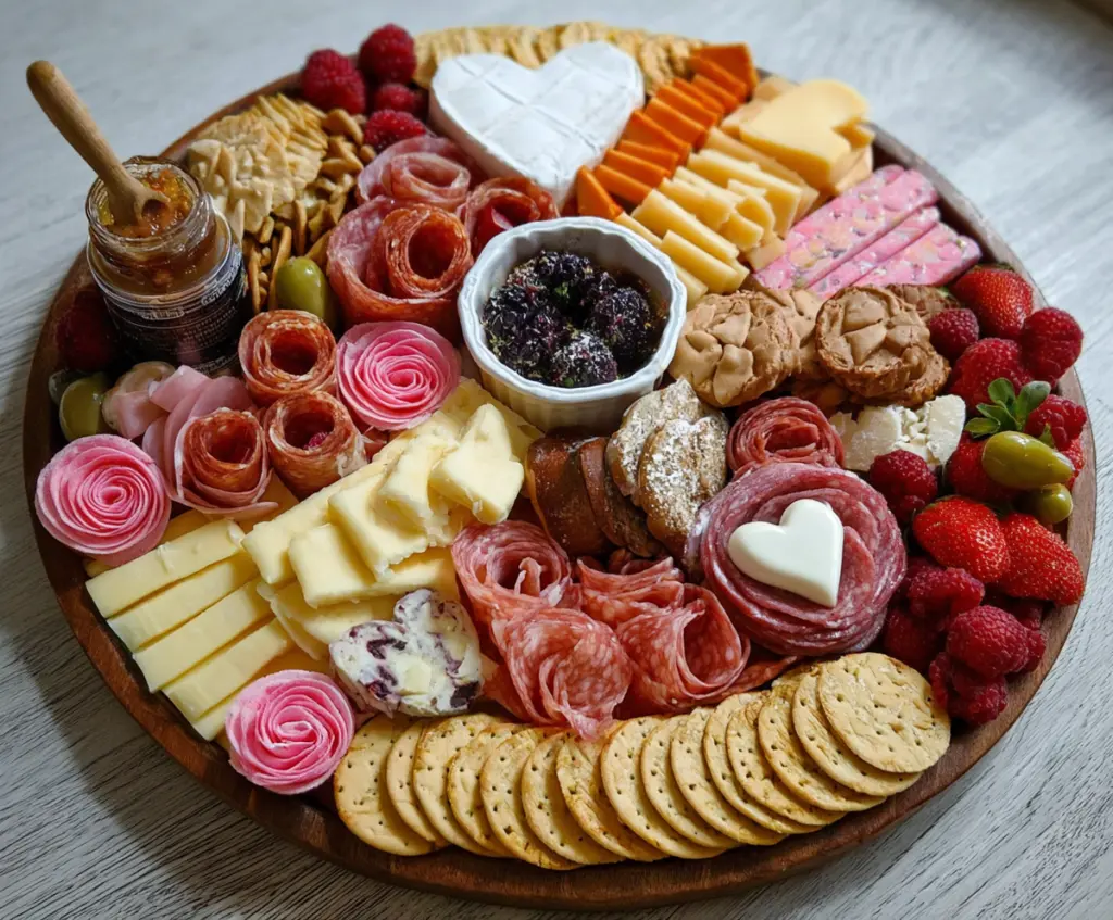 Colorful Galentine’s Day charcuterie board with assorted cheese, meats, fruits, nuts, and crackers for celebration
