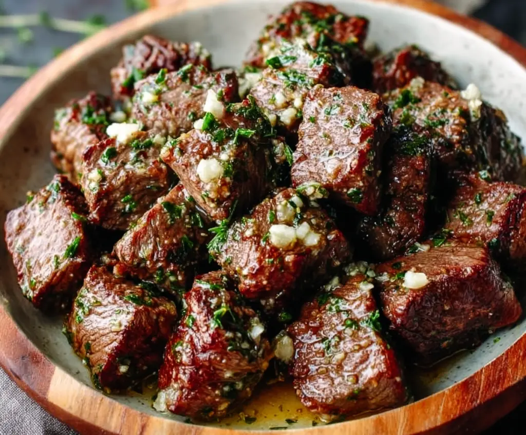 Delicious garlic butter steak bites served on a plate, showcasing tender, juicy pieces of beef with a flavorful garlic butter sauce.