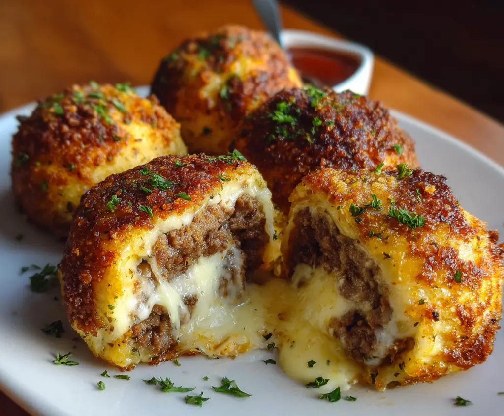 Delicious Garlic Parmesan Cheeseburger Bombs with melted cheese, seasoned beef, and crispy garlic topping ready to serve.