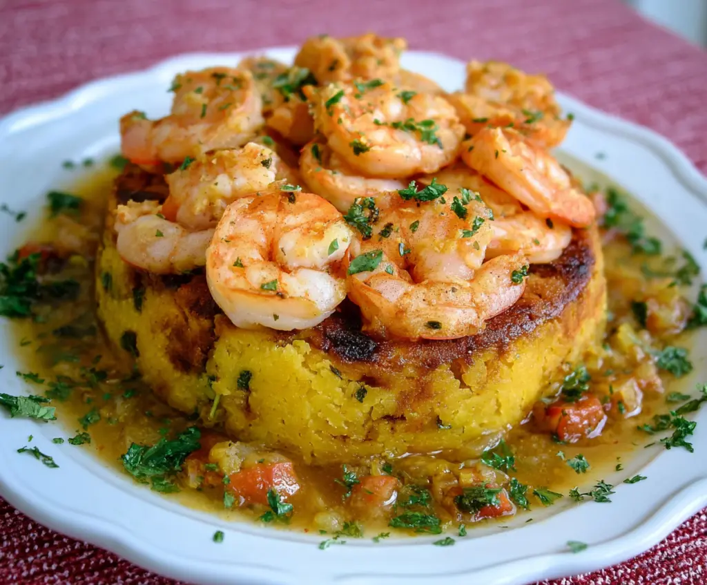 Delicious Garlic Shrimp Mofongo served on a plate with fresh herbs.