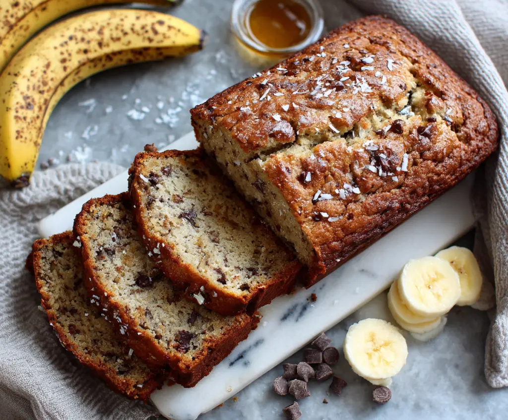 Delicious Greek Yogurt Banana Bread fresh out of the oven with golden crust on a baking tray.