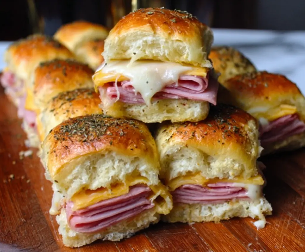 Delicious ham and cheese sliders with melted cheese and savory ham in a toasted bun.